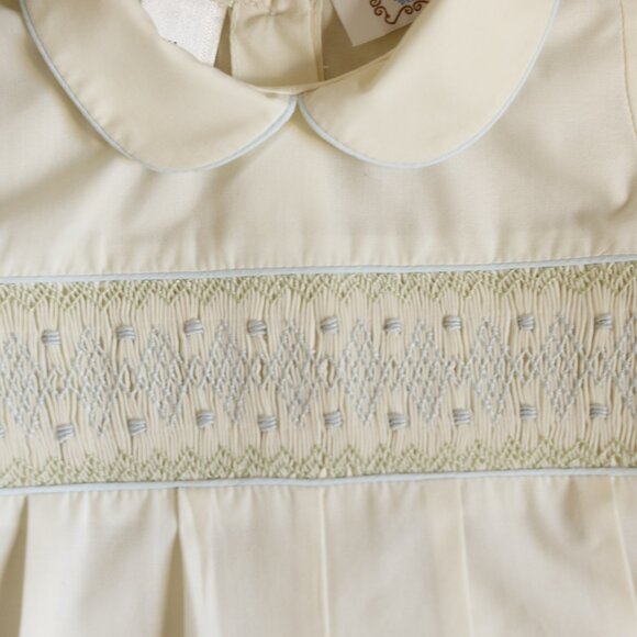 Yellow Smocked Romper Creeper Embroidery Blue Piping Boutique 9 Months New - Picture 2 of 5